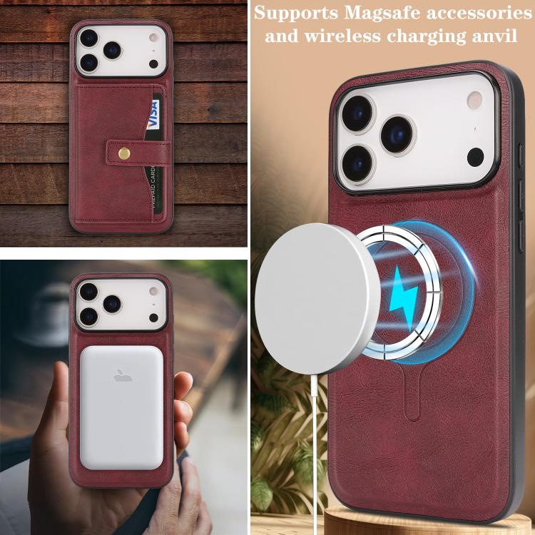 For iPhone 17 Pro Kalebol Magnetic Button Card Bag MagSafe Ring Leather Phone Case
