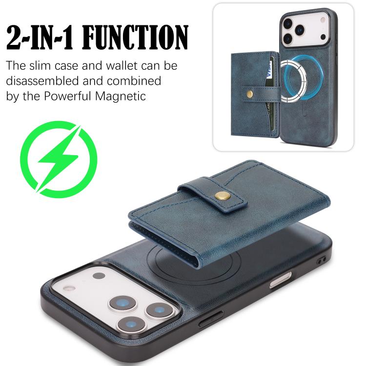 For iPhone 17 Pro Kalebol Magnetic Button Card Bag MagSafe Ring Leather Phone Case