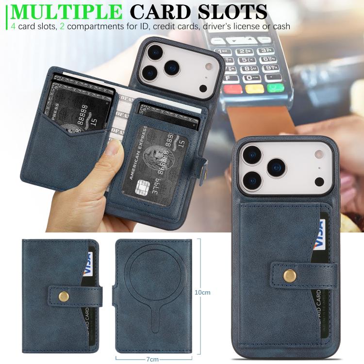 For iPhone 17 Pro Kalebol Magnetic Button Card Bag MagSafe Ring Leather Phone Case