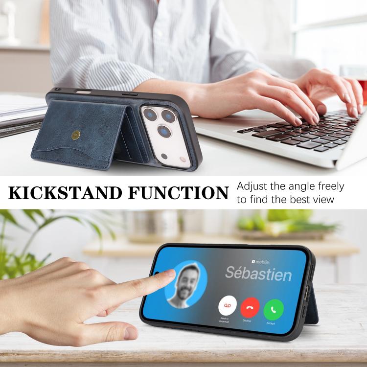 For iPhone 17 Pro Kalebol Magnetic Button Card Bag MagSafe Ring Leather Phone Case