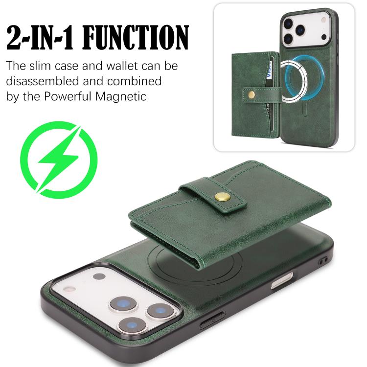 For iPhone 17 Pro Kalebol Magnetic Button Card Bag MagSafe Ring Leather Phone Case