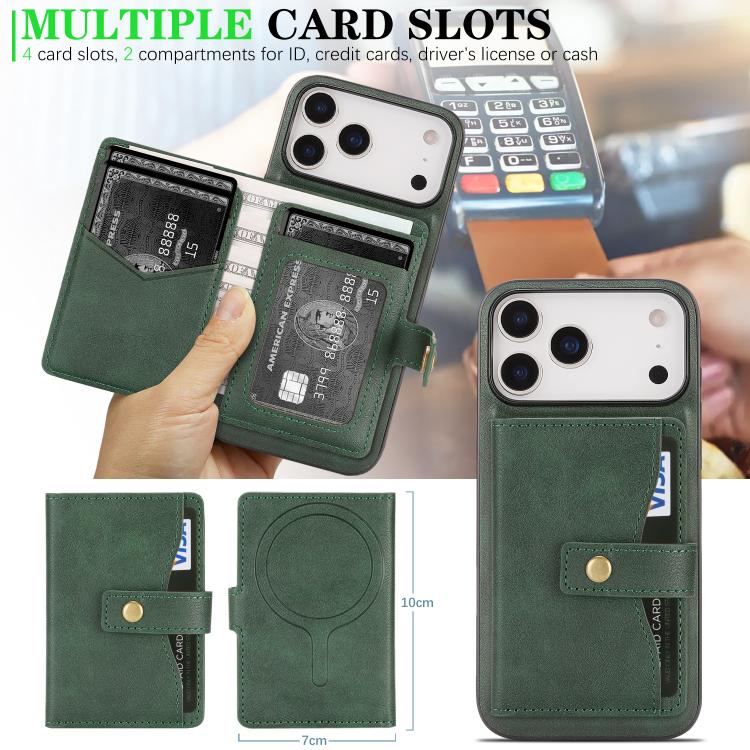 For iPhone 17 Pro Kalebol Magnetic Button Card Bag MagSafe Ring Leather Phone Case