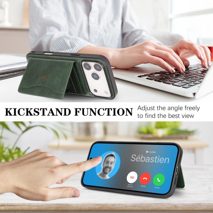 For iPhone 17 Pro Kalebol Magnetic Button Card Bag MagSafe Ring Leather Phone Case
