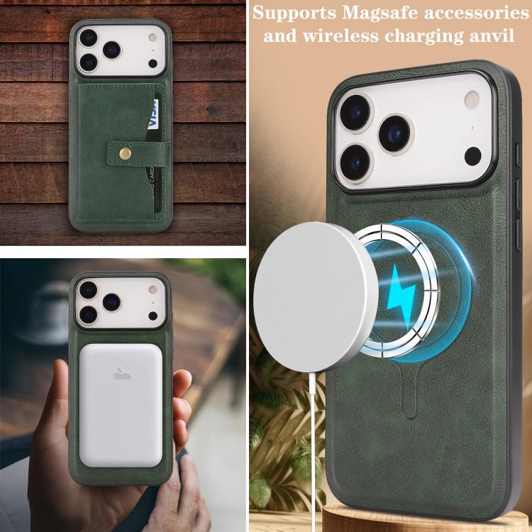 For iPhone 17 Pro Kalebol Magnetic Button Card Bag MagSafe Ring Leather Phone Case