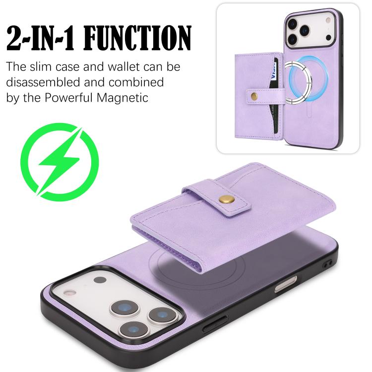 For iPhone 17 Pro Kalebol Magnetic Button Card Bag MagSafe Ring Leather Phone Case