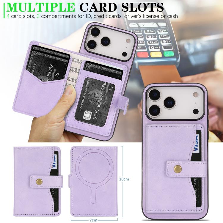 For iPhone 17 Pro Kalebol Magnetic Button Card Bag MagSafe Ring Leather Phone Case
