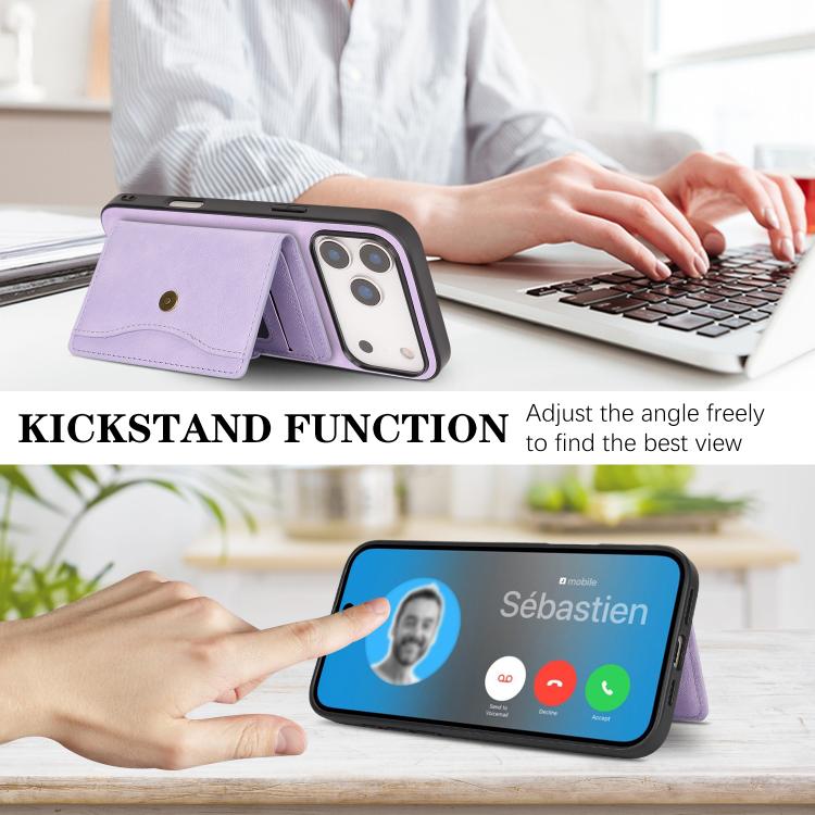 For iPhone 17 Pro Kalebol Magnetic Button Card Bag MagSafe Ring Leather Phone Case