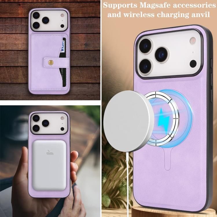 For iPhone 17 Pro Kalebol Magnetic Button Card Bag MagSafe Ring Leather Phone Case