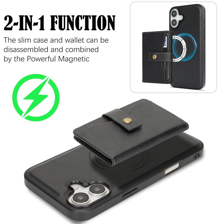 For iPhone 17 Kalebol Magnetic Button Card Bag MagSafe Ring Leather Phone Case