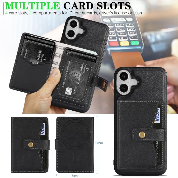 For iPhone 17 Kalebol Magnetic Button Card Bag MagSafe Ring Leather Phone Case