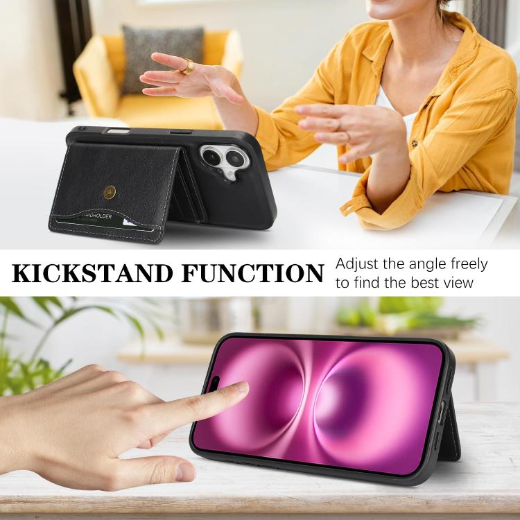 For iPhone 17 Kalebol Magnetic Button Card Bag MagSafe Ring Leather Phone Case