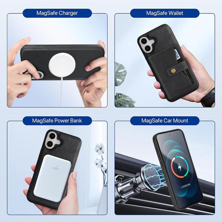 For iPhone 17 Kalebol Magnetic Button Card Bag MagSafe Ring Leather Phone Case