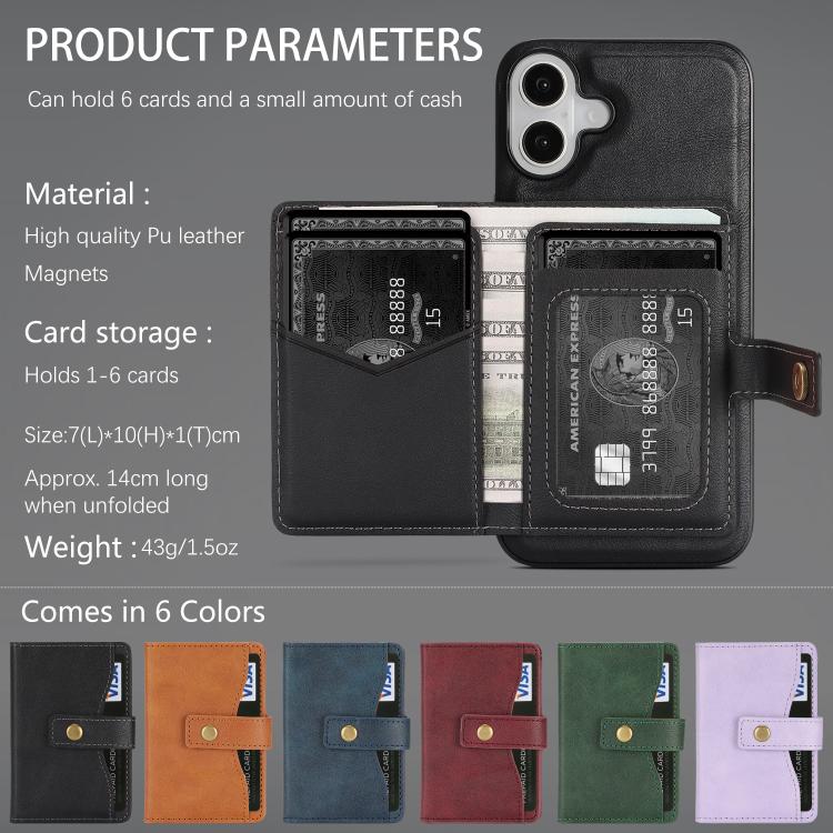 For iPhone 17 Kalebol Magnetic Button Card Bag MagSafe Ring Leather Phone Case