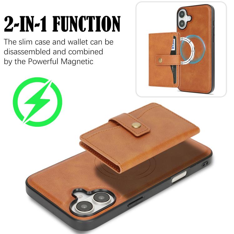 For iPhone 17 Kalebol Magnetic Button Card Bag MagSafe Ring Leather Phone Case