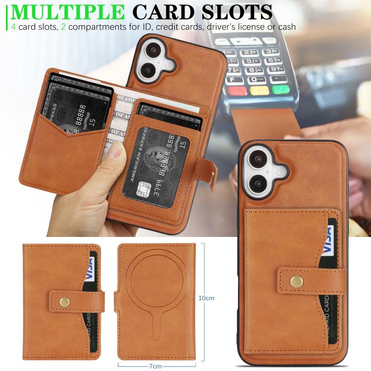For iPhone 17 Kalebol Magnetic Button Card Bag MagSafe Ring Leather Phone Case