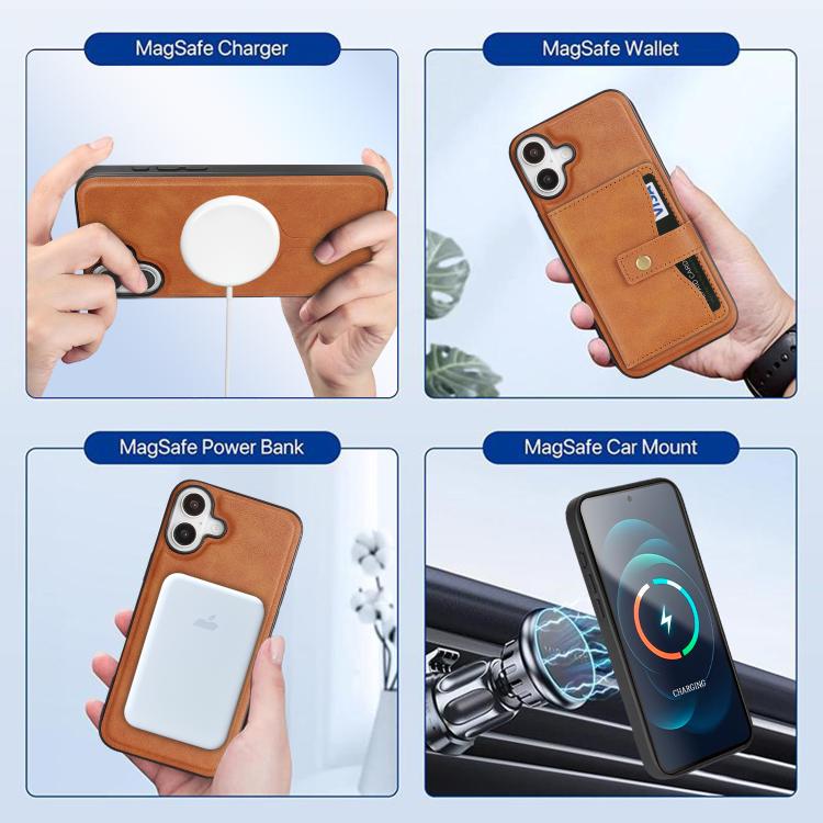 For iPhone 17 Kalebol Magnetic Button Card Bag MagSafe Ring Leather Phone Case