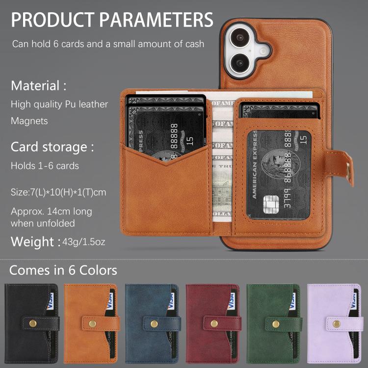 For iPhone 17 Kalebol Magnetic Button Card Bag MagSafe Ring Leather Phone Case