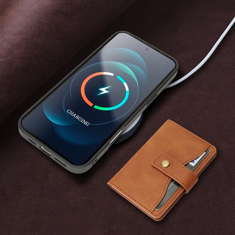 For iPhone 17 Kalebol Magnetic Button Card Bag MagSafe Ring Leather Phone Case