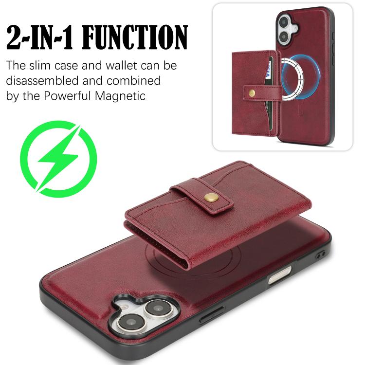 For iPhone 17 Kalebol Magnetic Button Card Bag MagSafe Ring Leather Phone Case