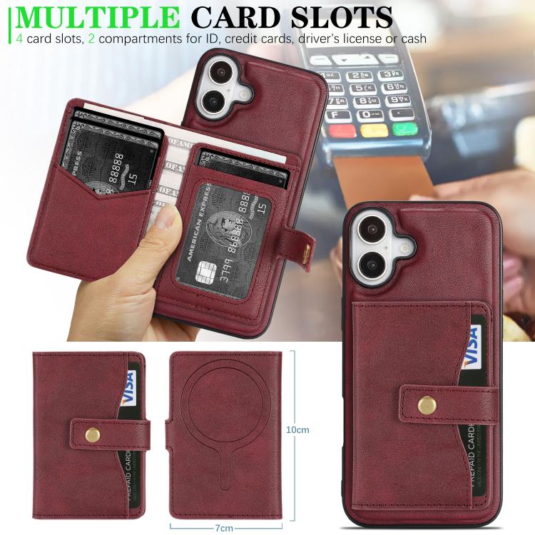 For iPhone 17 Kalebol Magnetic Button Card Bag MagSafe Ring Leather Phone Case