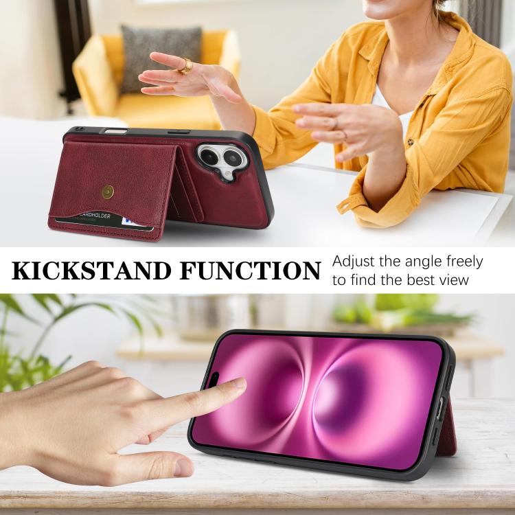 For iPhone 17 Kalebol Magnetic Button Card Bag MagSafe Ring Leather Phone Case