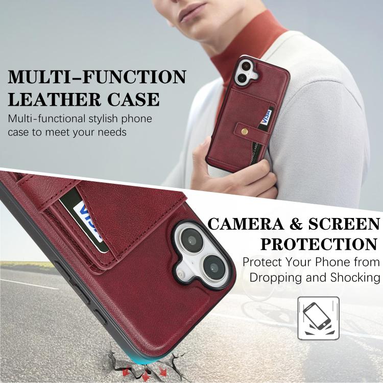 For iPhone 17 Kalebol Magnetic Button Card Bag MagSafe Ring Leather Phone Case