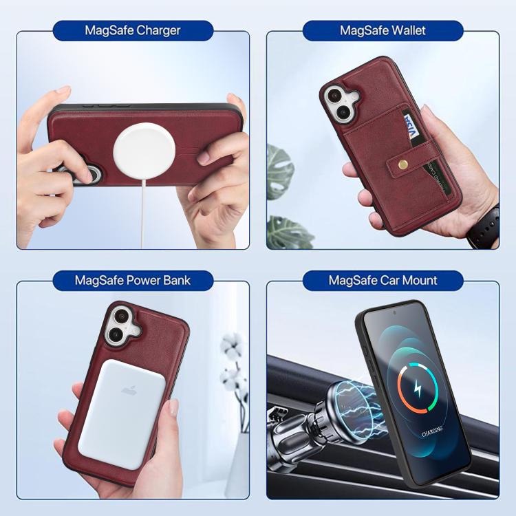For iPhone 17 Kalebol Magnetic Button Card Bag MagSafe Ring Leather Phone Case