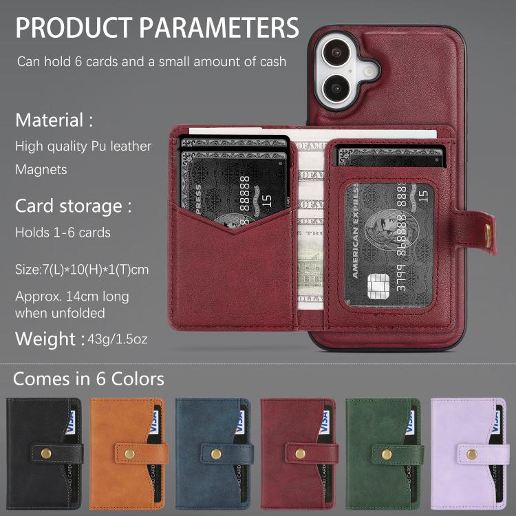 For iPhone 17 Kalebol Magnetic Button Card Bag MagSafe Ring Leather Phone Case
