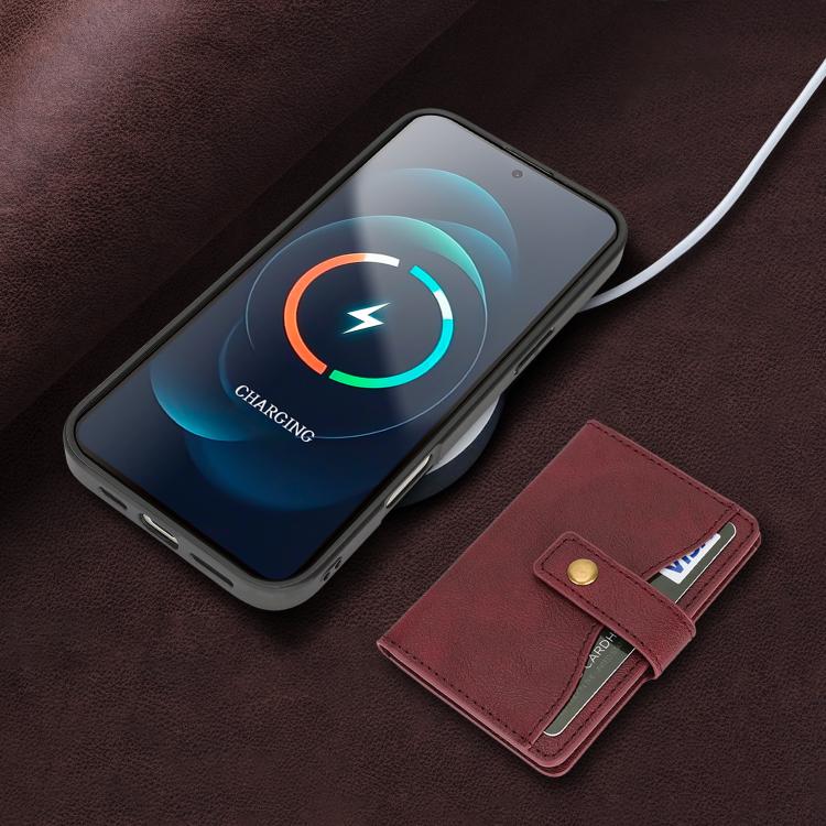 For iPhone 17 Kalebol Magnetic Button Card Bag MagSafe Ring Leather Phone Case