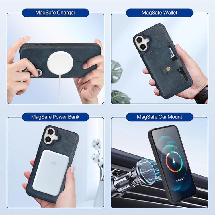 For iPhone 17 Kalebol Magnetic Button Card Bag MagSafe Ring Leather Phone Case