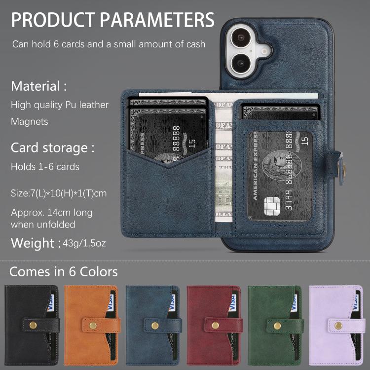 For iPhone 17 Kalebol Magnetic Button Card Bag MagSafe Ring Leather Phone Case