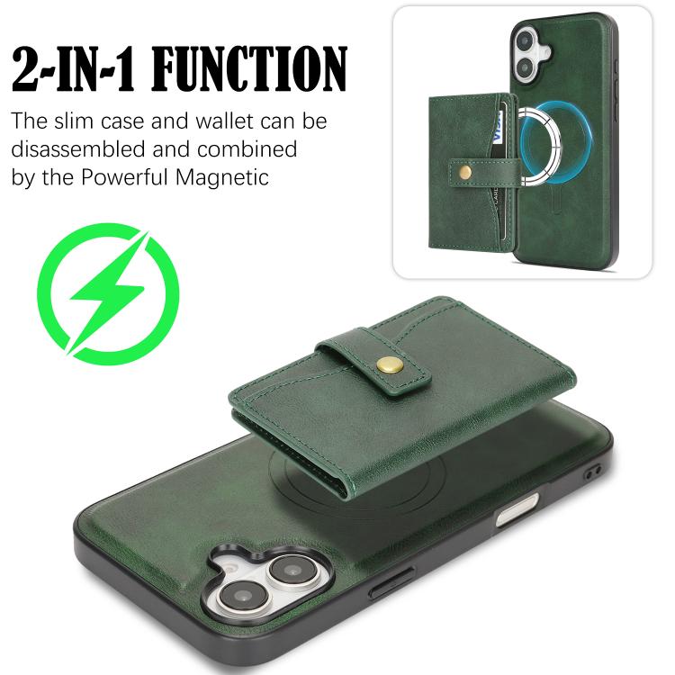 For iPhone 17 Kalebol Magnetic Button Card Bag MagSafe Ring Leather Phone Case
