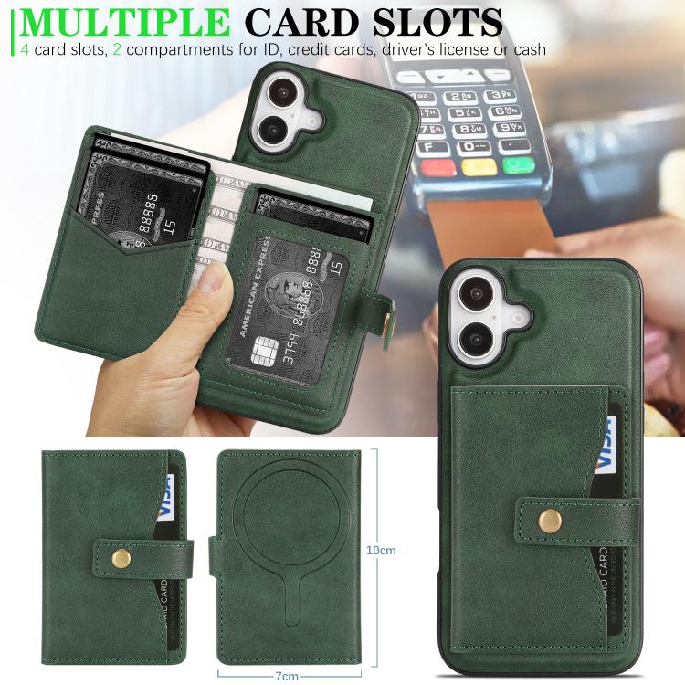 For iPhone 17 Kalebol Magnetic Button Card Bag MagSafe Ring Leather Phone Case