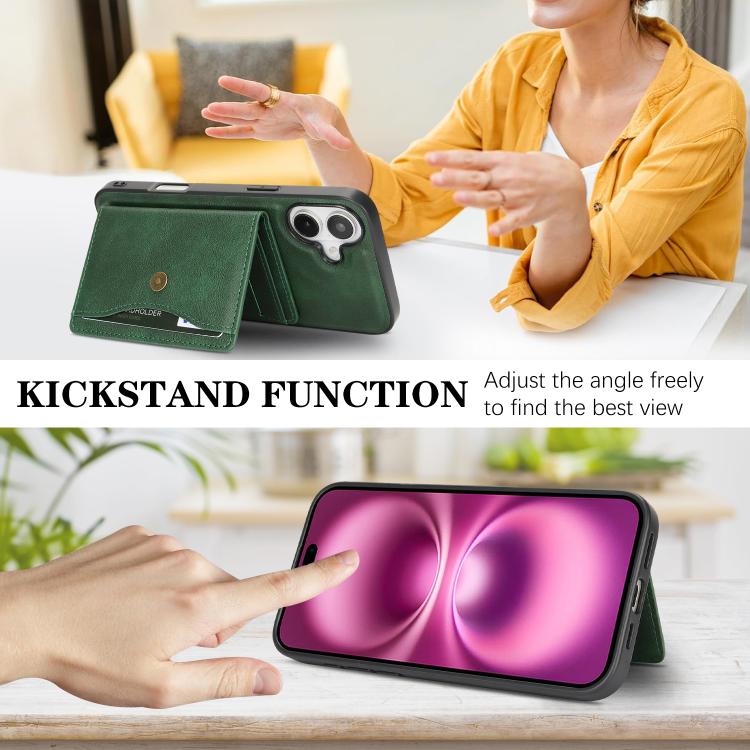For iPhone 17 Kalebol Magnetic Button Card Bag MagSafe Ring Leather Phone Case