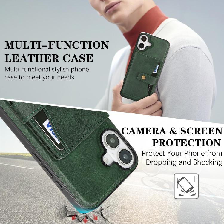 For iPhone 17 Kalebol Magnetic Button Card Bag MagSafe Ring Leather Phone Case