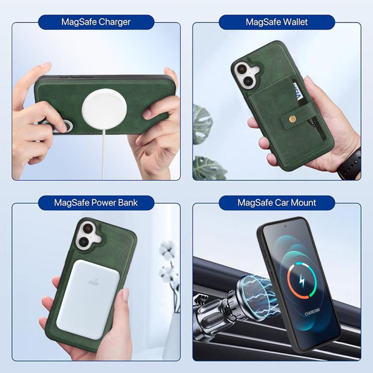 For iPhone 17 Kalebol Magnetic Button Card Bag MagSafe Ring Leather Phone Case