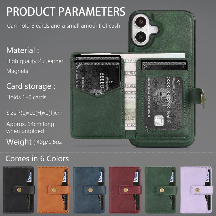 For iPhone 17 Kalebol Magnetic Button Card Bag MagSafe Ring Leather Phone Case
