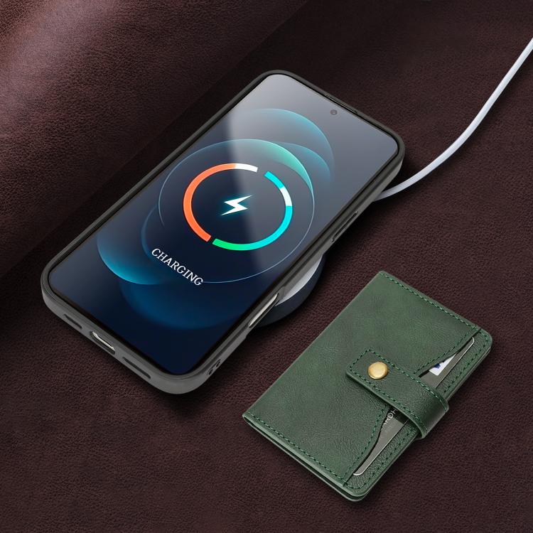 For iPhone 17 Kalebol Magnetic Button Card Bag MagSafe Ring Leather Phone Case