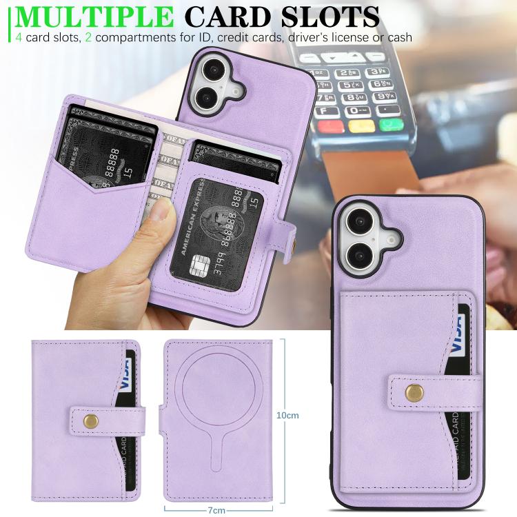 For iPhone 17 Kalebol Magnetic Button Card Bag MagSafe Ring Leather Phone Case