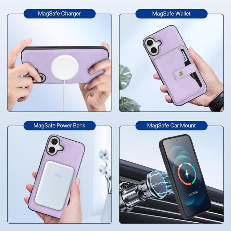 For iPhone 17 Kalebol Magnetic Button Card Bag MagSafe Ring Leather Phone Case