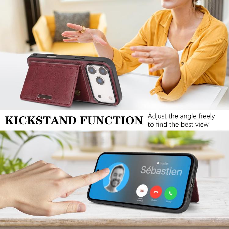For iPhone 17 Pro Kalebol Strong MagSafe Magnetic Two-Fold Card Bag Leather Phone Case