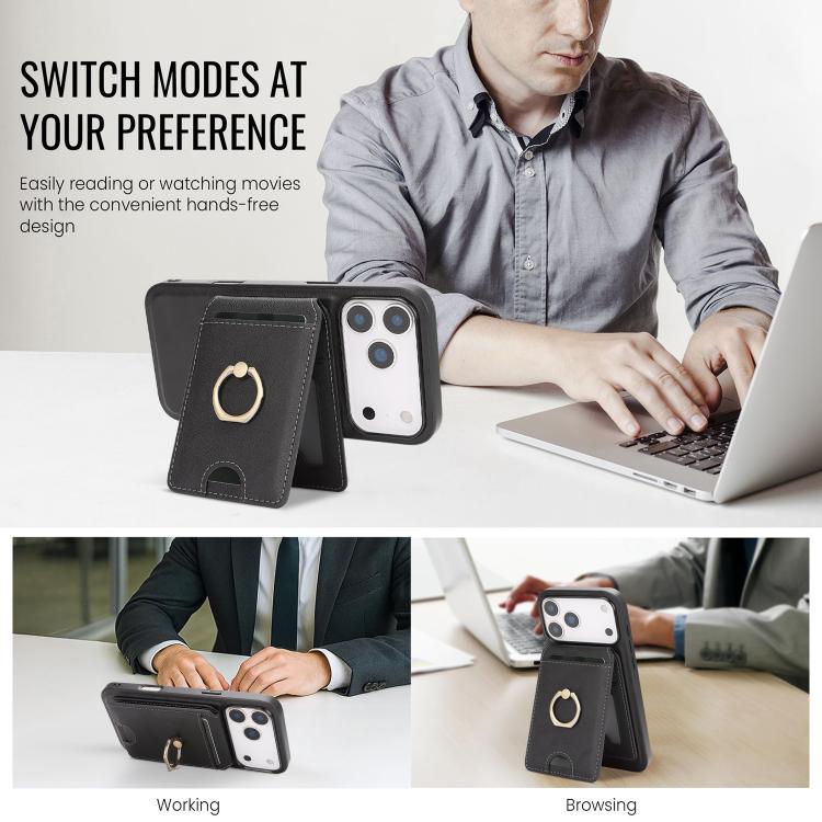 For iPhone 17 Pro Max Kalebol Strong MagSafe Ring Magnetic Card Bag Holder Leather Phone Case