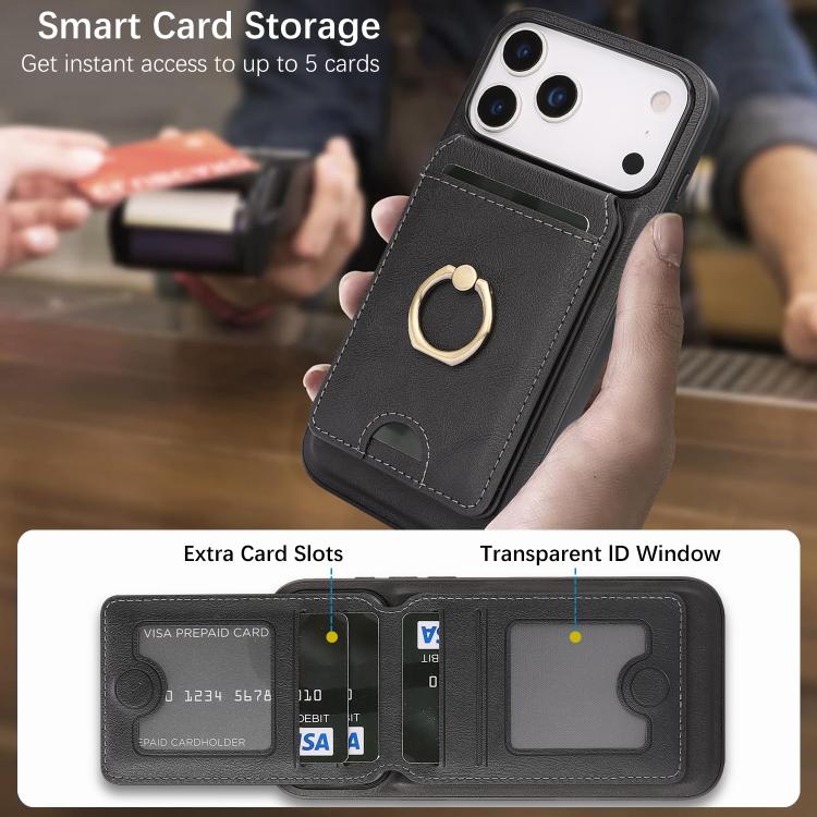 For iPhone 17 Pro Max Kalebol Strong MagSafe Ring Magnetic Card Bag Holder Leather Phone Case