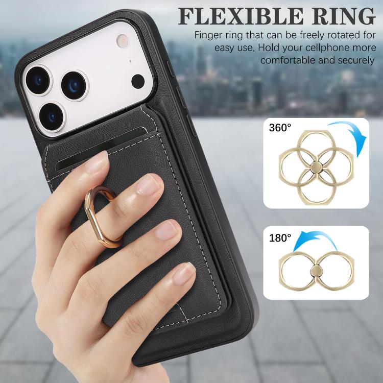 For iPhone 17 Pro Max Kalebol Strong MagSafe Ring Magnetic Card Bag Holder Leather Phone Case