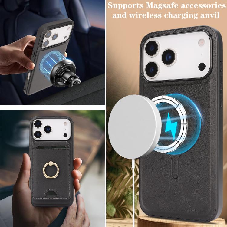 For iPhone 17 Pro Max Kalebol Strong MagSafe Ring Magnetic Card Bag Holder Leather Phone Case