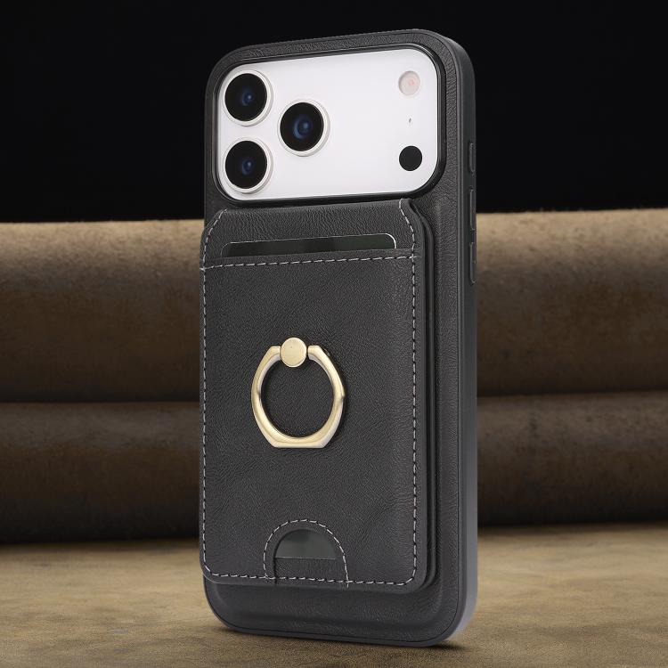 For iPhone 17 Pro Max Kalebol Strong MagSafe Ring Magnetic Card Bag Holder Leather Phone Case