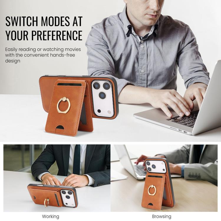 For iPhone 17 Pro Max Kalebol Strong MagSafe Ring Magnetic Card Bag Holder Leather Phone Case