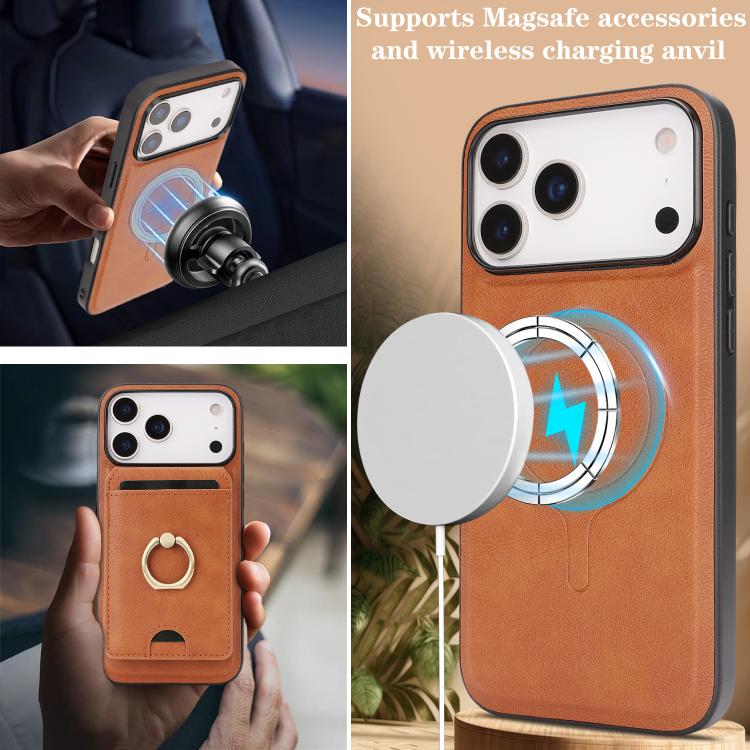 For iPhone 17 Pro Max Kalebol Strong MagSafe Ring Magnetic Card Bag Holder Leather Phone Case