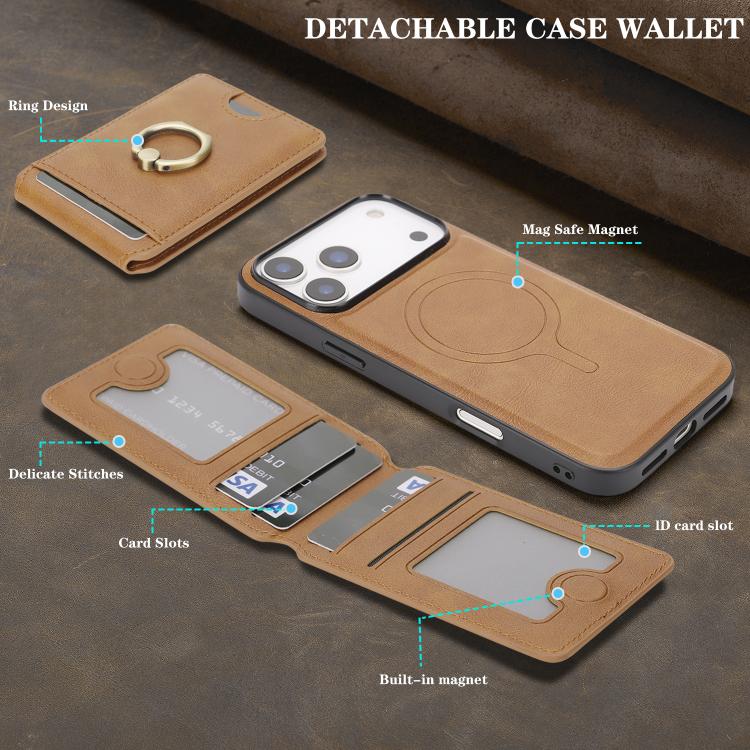 For iPhone 17 Pro Max Kalebol Strong MagSafe Ring Magnetic Card Bag Holder Leather Phone Case