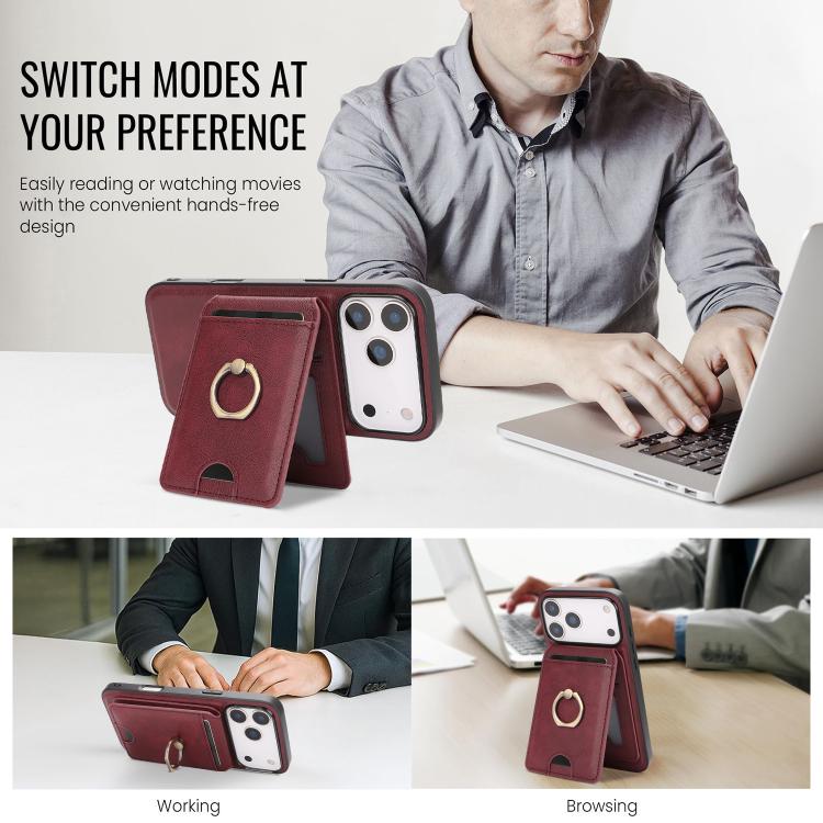 For iPhone 17 Pro Max Kalebol Strong MagSafe Ring Magnetic Card Bag Holder Leather Phone Case